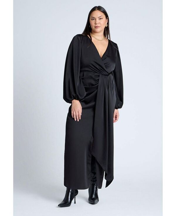 エロクイ レディース トップス ワンピース プラスサイズ プリーツ サテン ELOQUII Plus Size Satin Puff Sleeve Pleated Dress Black onyx ブラック