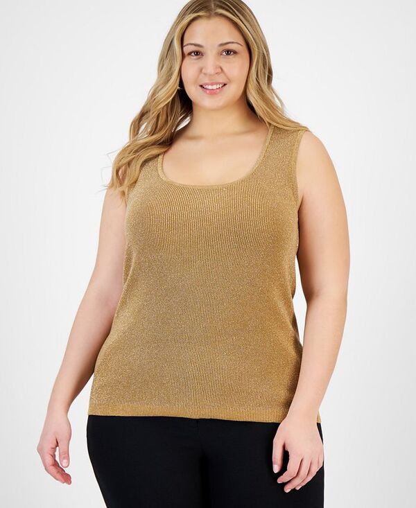 タハリエーエスエル レディース トップス シャツ プラスサイズ トール ニット Tahari ASL Plus Size Metallic Rib-Knit Scoop-Neck Tank Camel/Gold Multi キャメル
