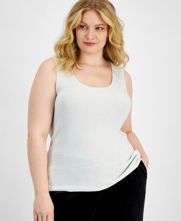タハリエーエスエル レディース トップス シャツ プラスサイズ トール ニット Tahari ASL Plus Size Metallic Rib-Knit Scoop-Neck Tank White ホワイト｜ReVida 店 21,980円