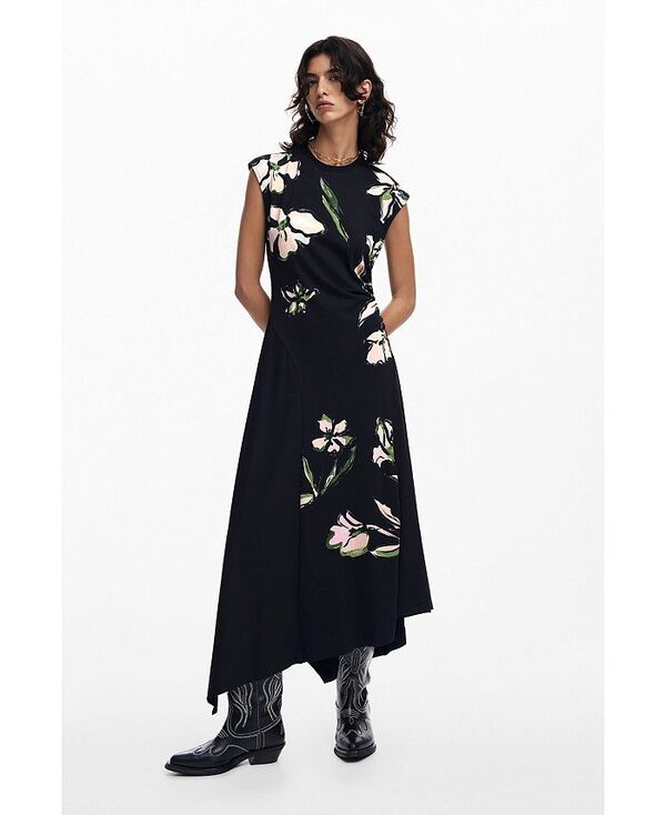 デジグアル レディース トップス ワンピース アシンメトリー フラワー柄 フラワー Desigual Women's Asymmetric floral dress Black ブラック