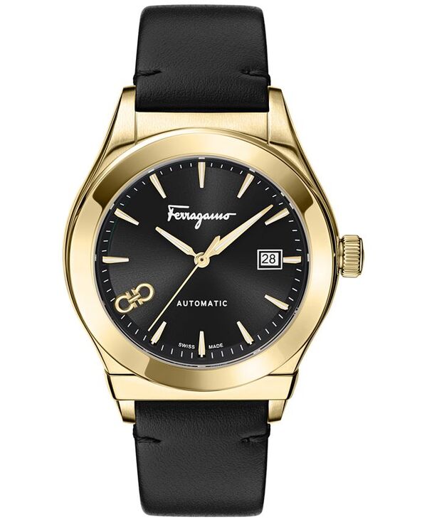 フェラガモ メンズ アクセサリー 腕時計 レザー Ferragamo Men's Swiss Automatic 1927 Black Leather Strap Watch 42mm Gold ゴールド