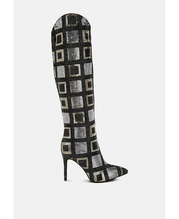 ロンドンラグ レディース シューズ ブーツ・レインブーツ スパンコール ブーツ London Rag Sharmin Checkered Sequin Knee High Boots Black ブラック