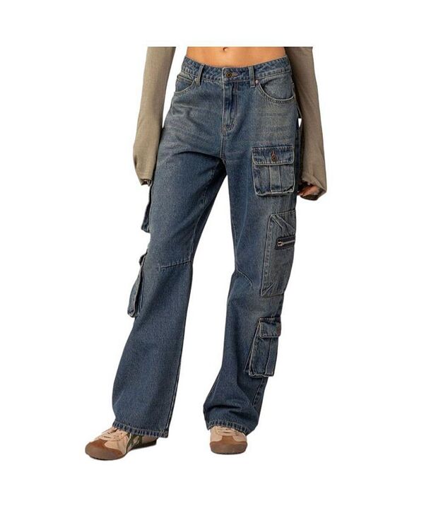 アディクテッド レディース ボトムス デニムパンツ ジーンズ Edikted Women's Baggy boyfriend cargo jeans Blue-washed ブルー