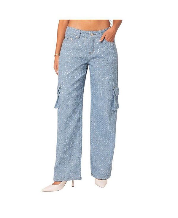 アディクテッド レディース ボトムス デニムパンツ ローライズ スパンコール ジーンズ Edikted Women's Icing sequin low rise cargo jeans Light-blue ブルー