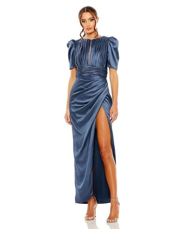 マックダガル レディース トップス ワンピース ドレープ プリーツ Mac Duggal Women's Puff Sleeve Pleated Bodice Draped Gown Midnight|ReVida 店