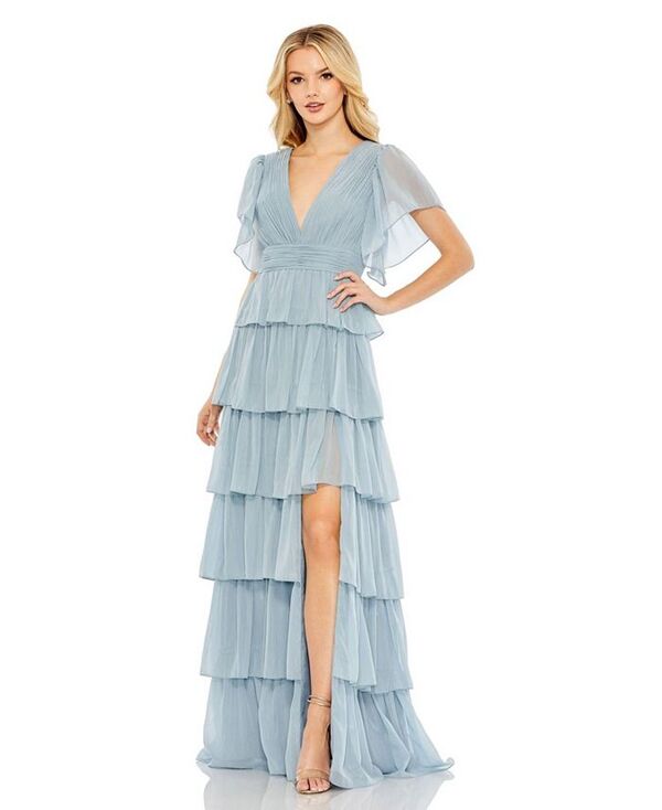 マックダガル レディース トップス ワンピース ティアード フリル Mac Duggal Women's Flutter Sleeve Ruffle Tiered Gown Slate blue スレート|ReVida 店