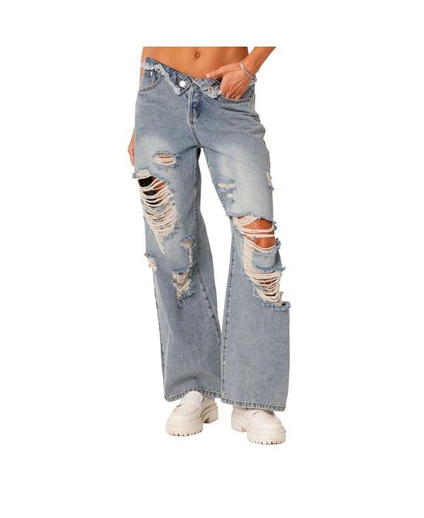 アディクテッド レディース ボトムス デニムパンツ ジーンズ Edikted Women's Foldover Waist Jeans With Row Hem And Distressed Details Light blue ブルー｜ReVida 店