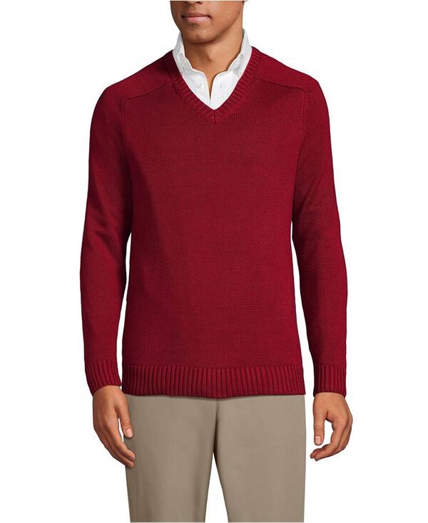 ランズエンド メンズ アウター ニット・セーター Vネック セーター コットン Lands' End Men's School Uniform Cotton Modal V-neck Sweater Garnet｜ReVida 店