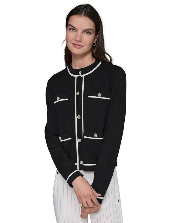 カール ラガーフェルド レディース アウター ニット・セーター クルーネック カーディガン KARL LAGERFELD PARIS Women's Four-Pocket Crewneck Cardigan Black ブラック