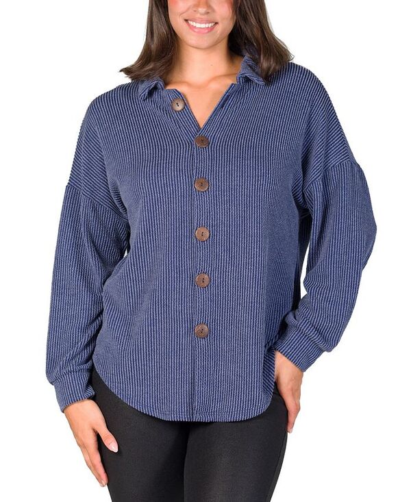 24 セブンコンフォート レディース アウター ジャケット・ブルゾン リブ シャツ ジャケット 24seven Comfort Apparel Women's Ribbed Button Up Long Sleeve Collared Shirt Jacket Blue ブルー|ReVida 店
