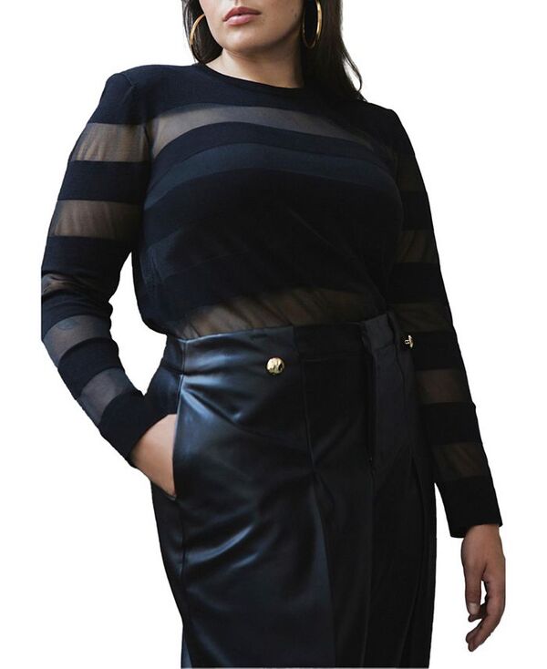 エロクイ レディース アウター ニット・セーター プラスサイズ セーター シアー ELOQUII Plus Size Sheer Stripe Sweater With Shoulder Pad Black ブラック