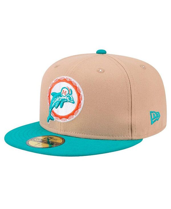ニューエラ メンズ アクセサリー 帽子 ロゴ New Era Men's Tan Aqua Miami Dolphins Throwback Logo Main 59FIFTY Fitted Hat Tan Aqua アクア