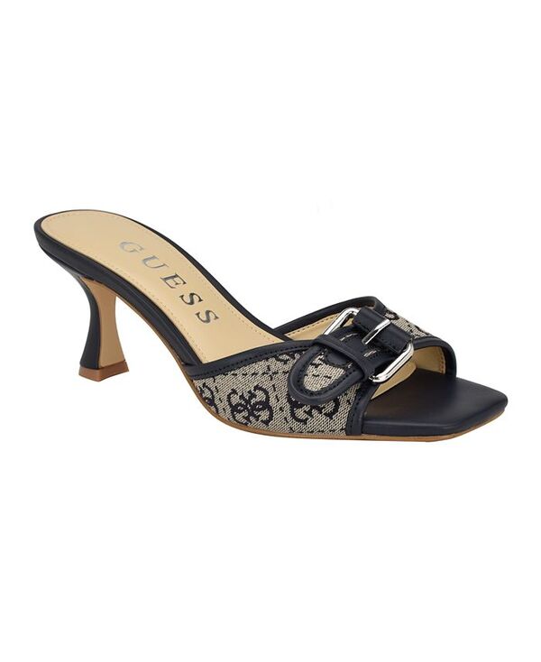 ゲス レディース シューズ サンダル ヒール GUESS Women's Dista Mid Heel Open Toe Buckle Sandals Dark Blue Logo ブルー|ReVida 店