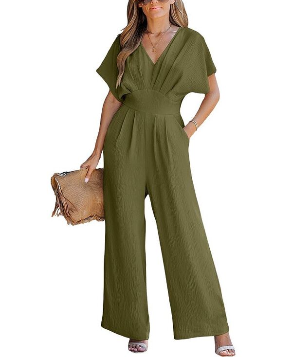 カップシー レディース ボトムス カジュアルパンツ Vネック ストレート ジャンプスーツ CUPSHE Women's V-Neck Short Sleeve Straight Leg Jumpsuit Green グリーン