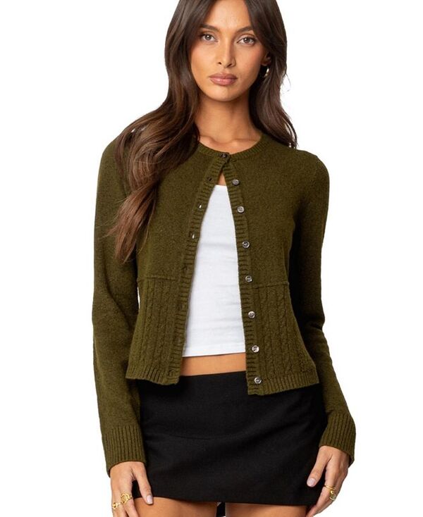 アディクテッド レディース アウター ニット・セーター カーディガン ニット Edikted Women's Half Cable Knit Cardigan Olive オリーブ