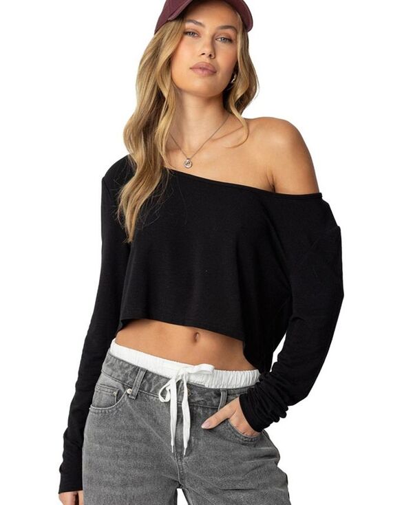 アディクテッド レディース トップス シャツ クロップド Edikted Women's Cropped Off Shoulder Top Black ブラック｜ReVida 店