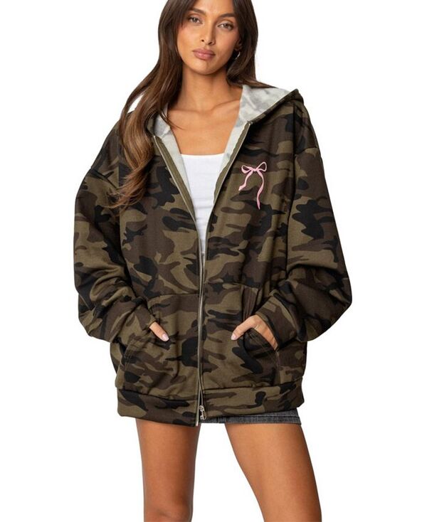 アディクテッド レディース アウター パーカー・スウェット パーカー Edikted Women's Camo Oversized Bow Detail Hoodie Olive オリーブ|ReVida 店