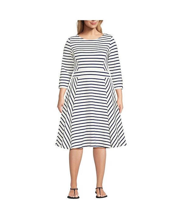 ランズエンド レディース トップス ワンピース プラスサイズ Lands' End Women's Plus Size Starfish 3/4 Sleeve Dress Ivory/deep sea breton stripe アイボリー