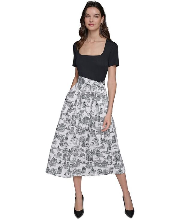 カール ラガーフェルド レディース トップス ワンピース ミディワンピース ミディ 半袖 KARL LAGERFELD PARIS Women's Mixed-Media Short-Sleeve Midi Dress Blk/sft White Combo ホワイト