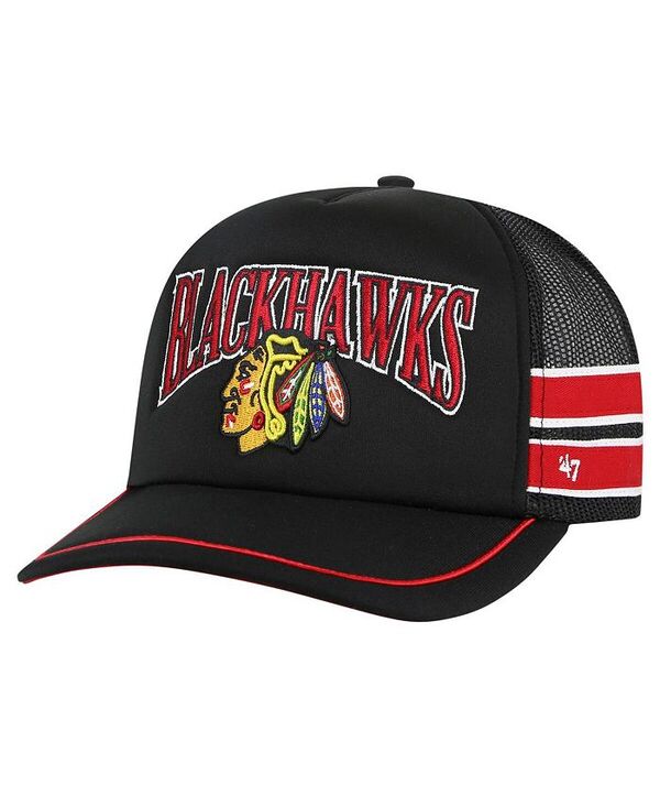 47 ブランド メンズ アクセサリー 帽子 '47 Brand Men's Black Chicago Blackhawks Sideband Stripes Trucker Snapback Hat Black ブラック｜ReVida 店