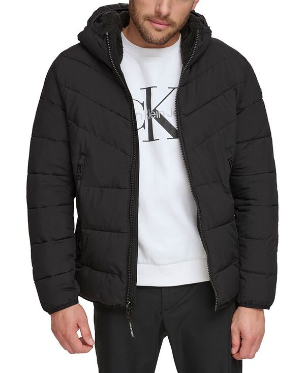 カルバンクライン メンズ アウター ジャケット・ブルゾン ジャケット Calvin Klein Men's Chevron Stretch Jacket With Sherpa Lined Hood Ebony