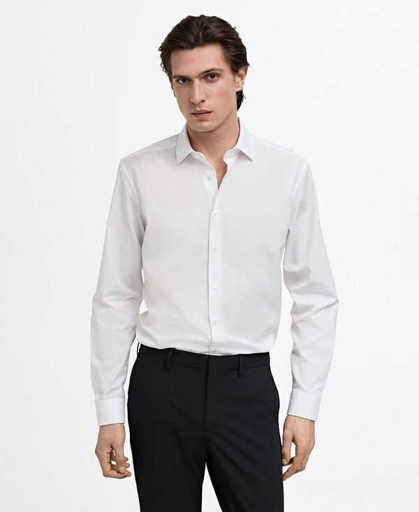 マンゴ メンズ トップス シャツ コットン MANGO Men's Slim-Fit Cotton Poplin Dress Shirt White ホワイト｜ReVida 店