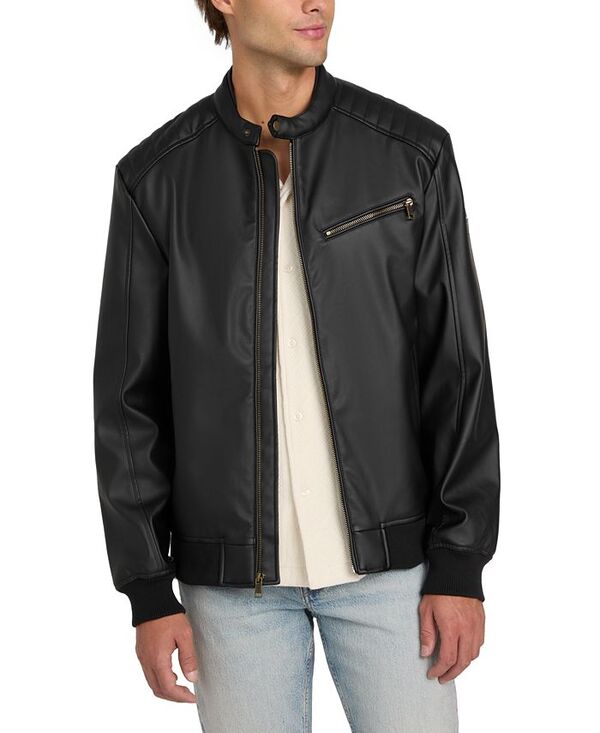 ゲス メンズ アウター 上衣・上衣 なめし革 フェイクレザー 上衣 GUESS Men\u0027s Stretch Faux Leather Snap Collar Moto Jacket Jet Black 黒いこと