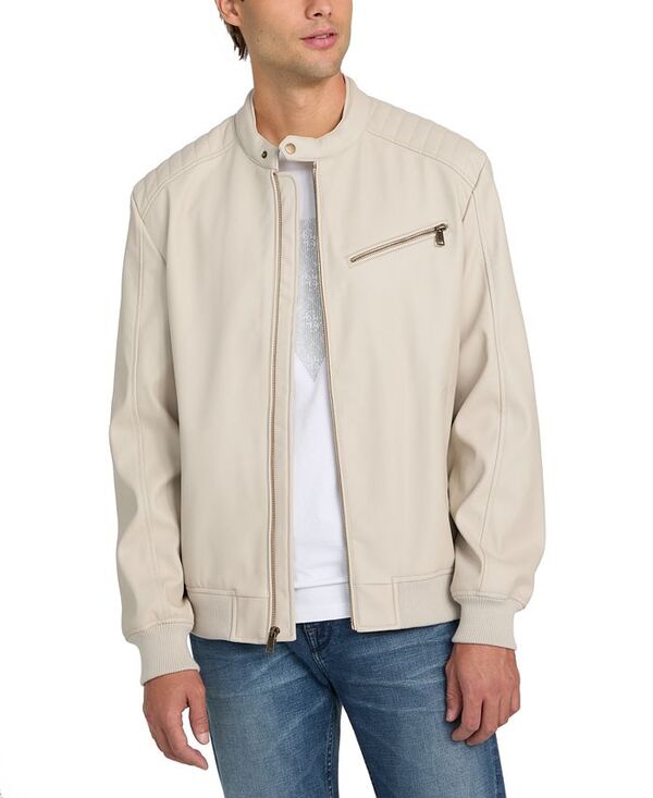 ゲス メンズ アウター 上衣・上衣 なめし革 フェイクレザー 上衣 GUESS Men\u0027s Stretch Faux Leather Snap Collar Moto Jacket Tapioca Grey 薄墨色