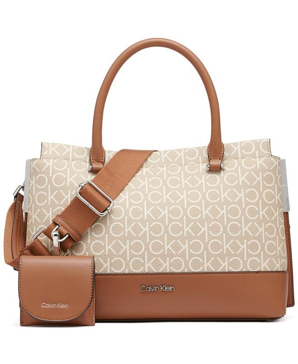 カルバンクライン レディース バッグ ハンドバッグ Calvin Klein Bianca Signature Triple Compartment Convertible Satchel Vanilla Khaki Linear カーキ