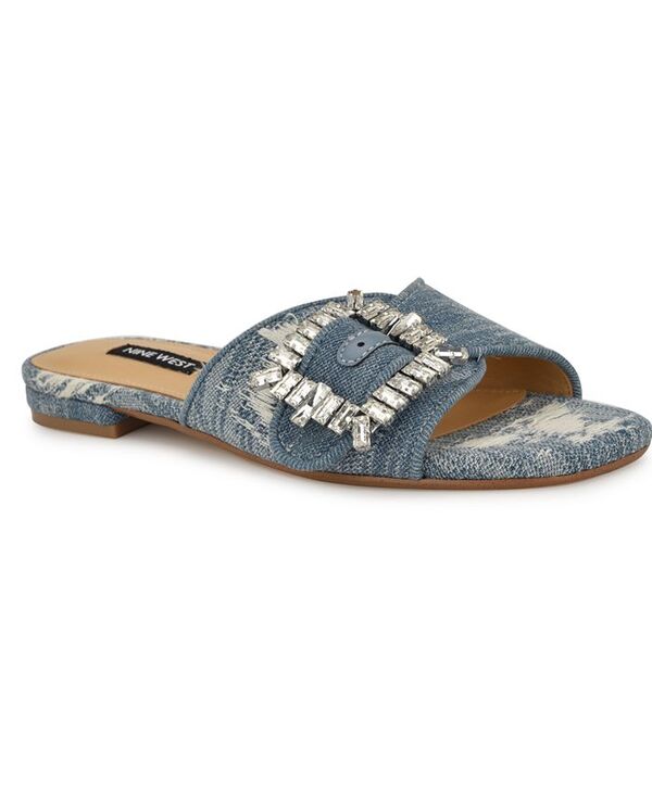 ナインウェスト レディース シューズ サンダル Nine West Women's Laniey Embellished Flat Slide Sandals Light Blue Denim デニム