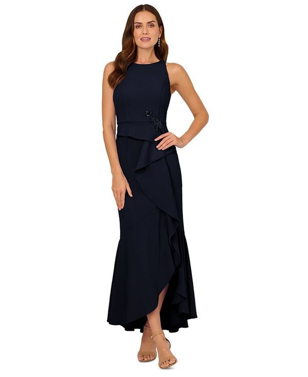 アドリアナ パペル レディース トップス ワンピース クレープ フリル Adrianna Papell Women's Cascading-Ruffle Crepe Gown Midnight
