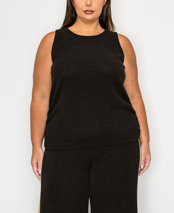 コイン 1804 レディース トップス シャツ プラスサイズ COIN 1804 Plus Size Textured Rib Side Rushed Scoop Neck Tank Top Black ブラック