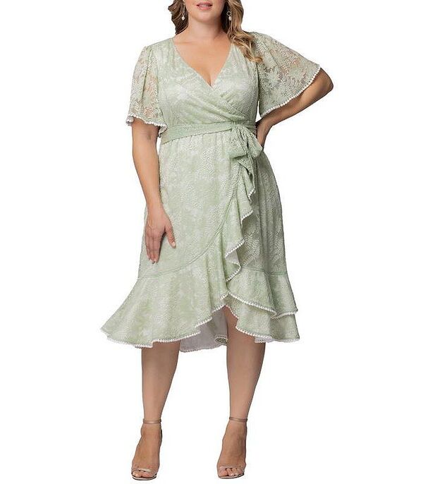 キヨナ レディース トップス ワンピース プラスサイズ レース Kiyonna Women's Plus Size Palermo Lace Faux Wrap Cocktail Dress Sage セージ