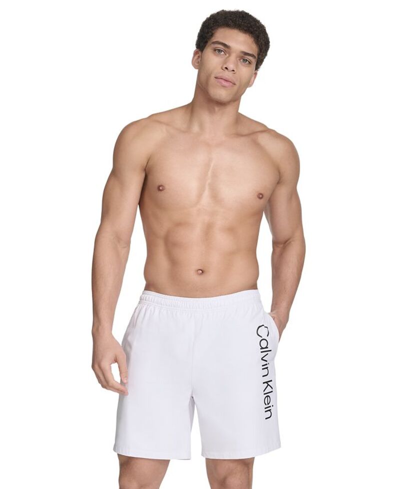 カルバンクライン メンズ 水着 ハーフパンツ・ショーツ Calvin Klein Men's Regular-Fit Quick-Dry 5 Swim Trunks with Compression Short Liner White ホワイト｜ReVida 店
