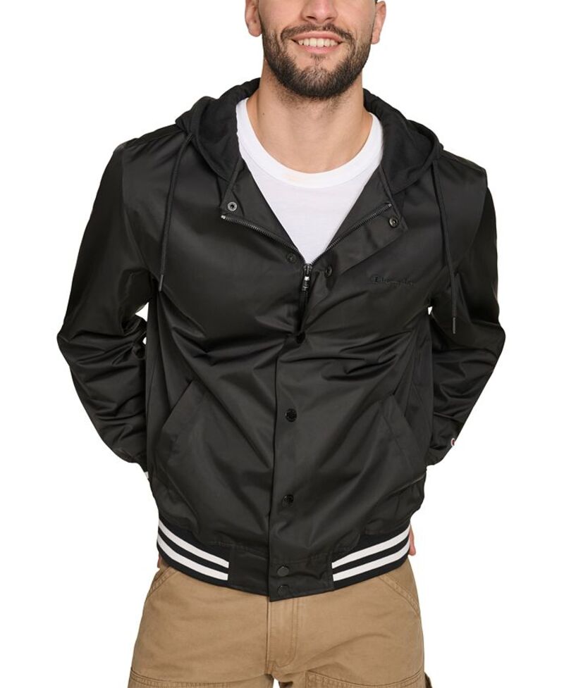 はやりっ児 メンズ アウター 上衣・上衣 プルオーバー 上衣 Champion Men\u0027s Jersey Hood Varsity Bomber Jacket Black 黒いこと
