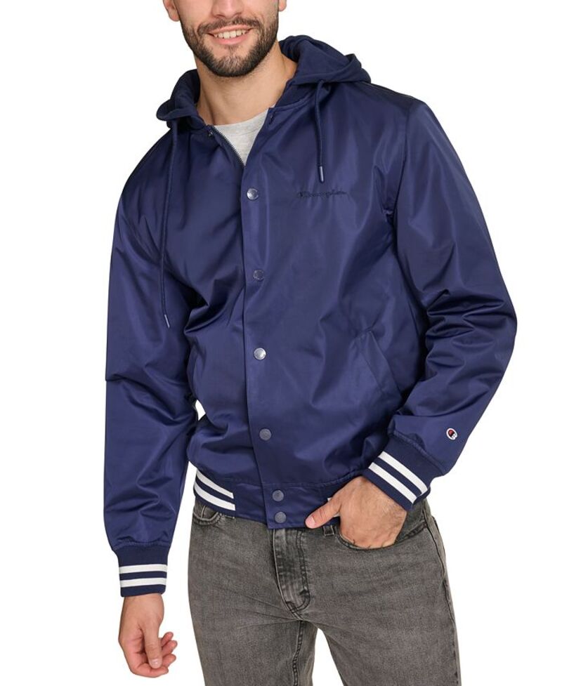 はやりっ児 メンズ アウター 上衣・上衣 プルオーバー 上衣 Champion Men\u0027s Jersey Hood Varsity Bomber Jacket Navy Peacoat 米国海軍