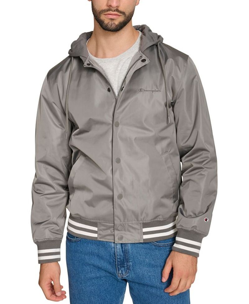 はやりっ児 メンズ アウター 上衣・上衣 プルオーバー 上衣 Champion Men\u0027s Jersey Hood Varsity Bomber Jacket Pewter ピューター
