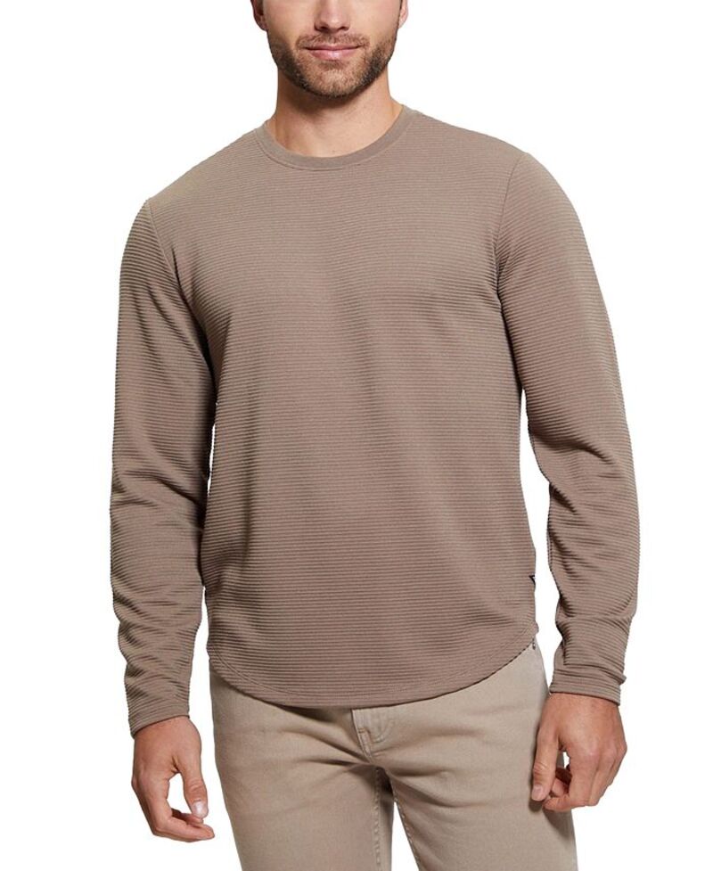 ゲス メンズ トップス Tシャツ リラックスフィット クルーネック シャツ GUESS Men's Relaxed Fit Linear Textured Long Sleeve Crewneck T-Shirt Brown ブラウン