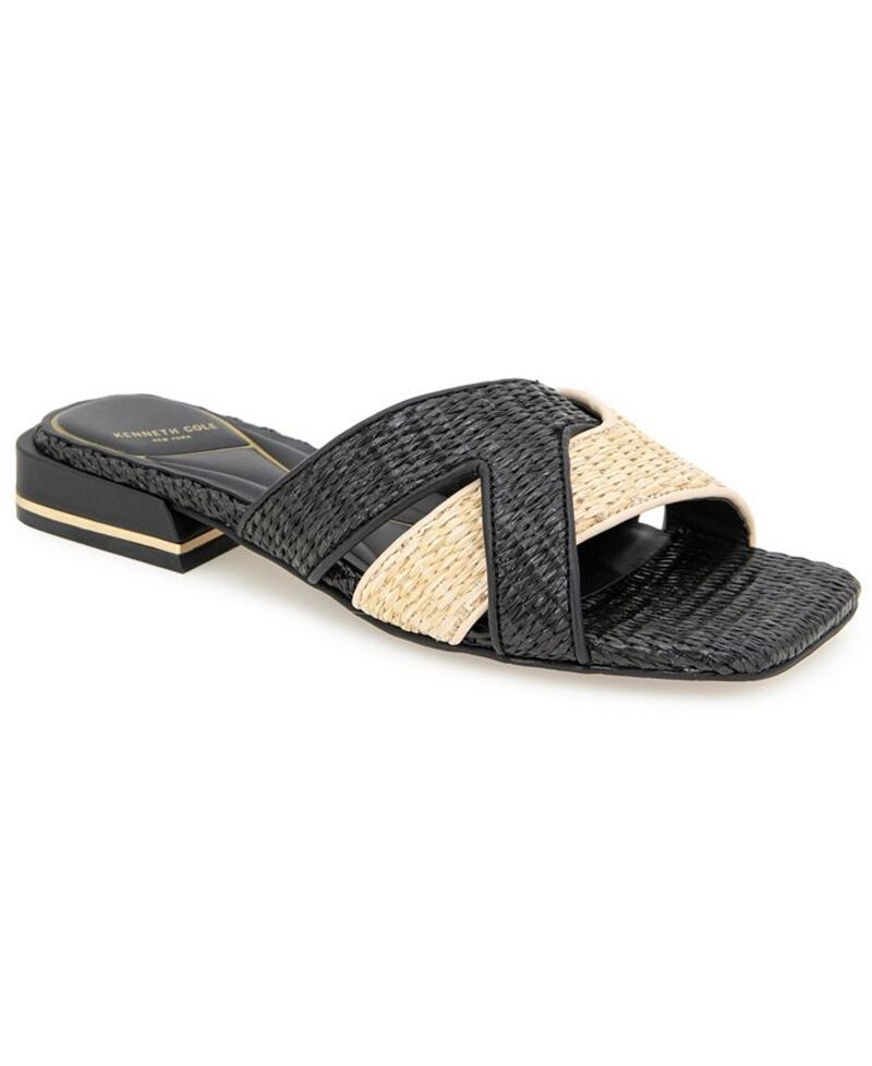 ケネスコール レディース シューズ サンダル Kenneth Cole New York Women's Issa Square Toe Flat Sandals Natural/Black Raffia ブラック