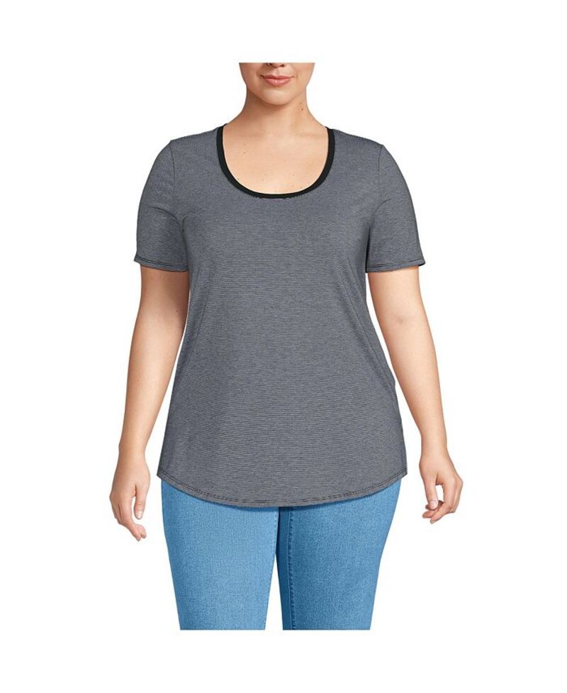 ランズエンド レディース トップス シャツ プラスサイズ Tシャツ Lands' End Plus Size Short Sleeve Power Performance Scoop Neck Curved Hem Tunic Tee Black pinstripe ブラック｜ReVida 店