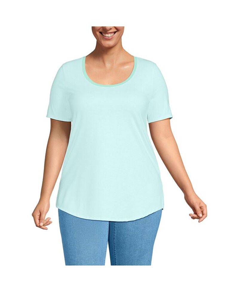 ランズエンド レディース トップス シャツ プラスサイズ Tシャツ Lands' End Plus Size Short Sleeve Power Performance Scoop Neck Curved Hem Tunic Tee Julep pinstripe|ReVida 店
