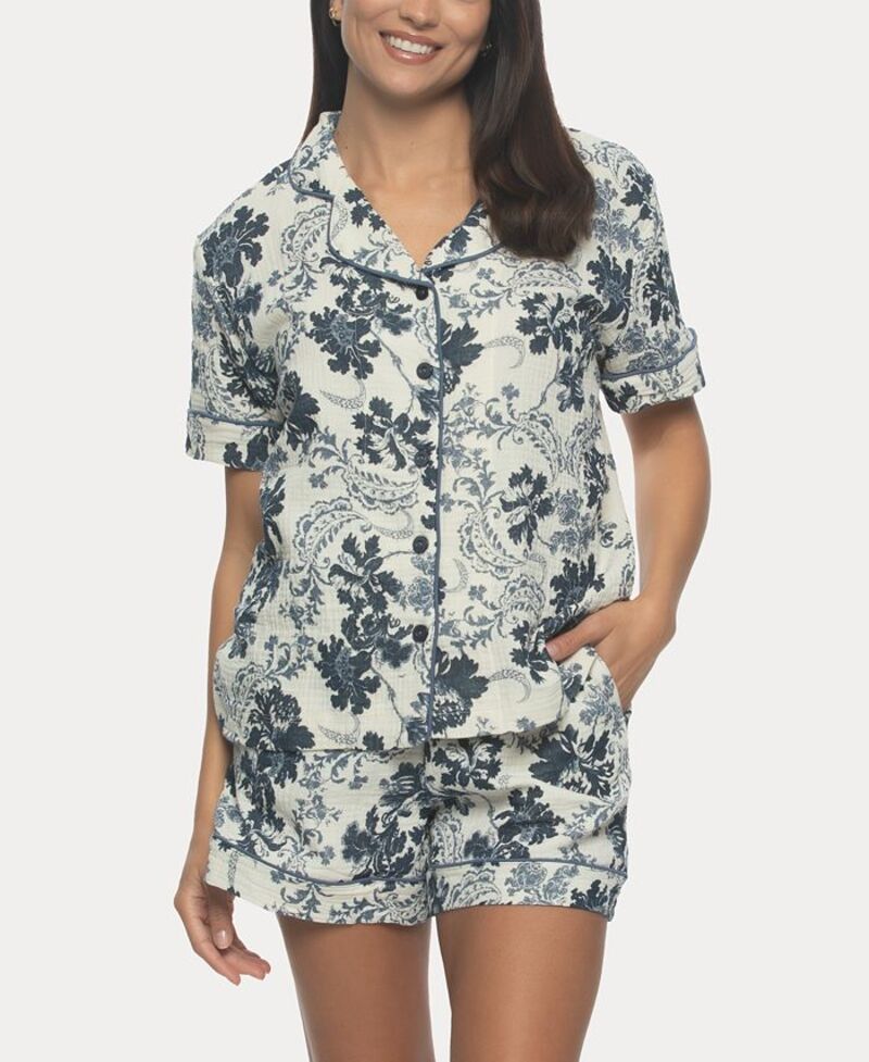 フェリナ レディース アンダーウェア ナイトウェア コットン Felina Women's Calista Cotton Gauze Short Sleeve Pajama Short Set Indigo Folk インディゴ｜ReVida 店