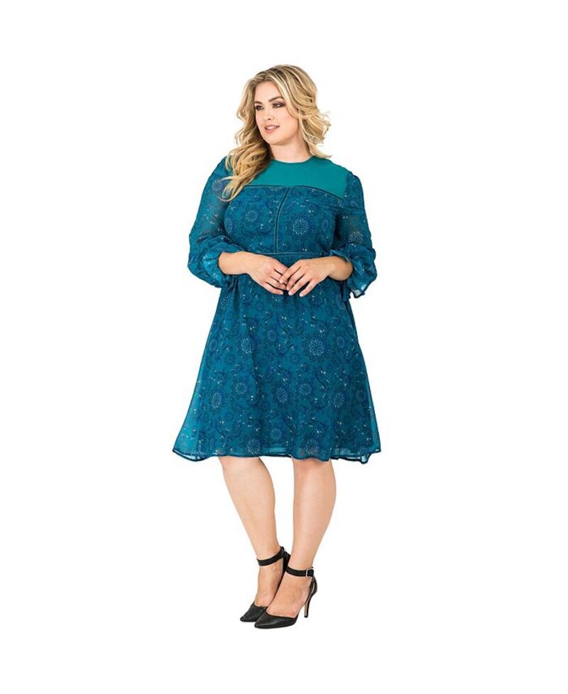 スタンダーズ アンド プラクティス レディース トップス ワンピース シフォン プラスサイズ Standards & Practices Plus Size Women's Knee-Length Puff Sleeve Chiffon Dress Turq paisley