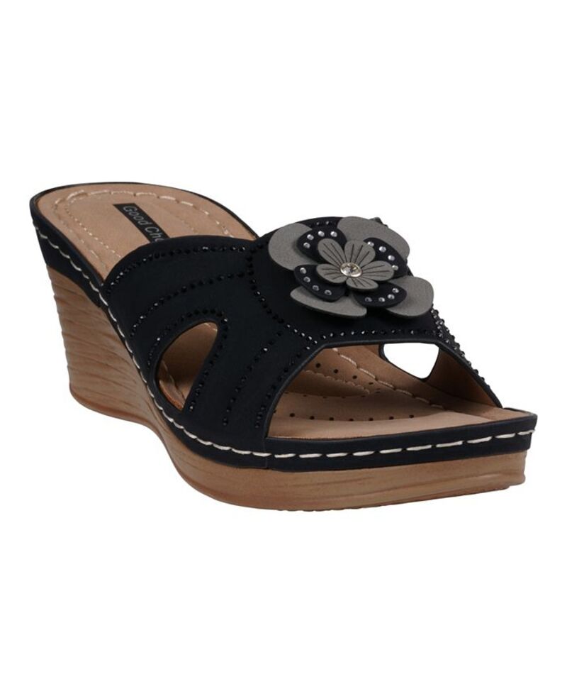 ジーシーシューズ レディース シューズ サンダル フラワー柄 フラワー GC Shoes Women's Fiora Floral Wedge Sandals Black ブラック｜ReVida 店