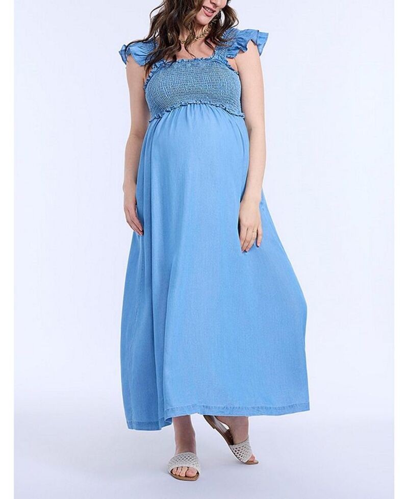 マザーフッドマタニティー レディース トップス ワンピース マキシワンピース フリル ノースリーブ シャーリング マキシ Motherhood Maternity Maternity Sleeveless Ruffle Shoulder Smocked Maxi Dress - Motherhood Chambray｜ReVida 店
