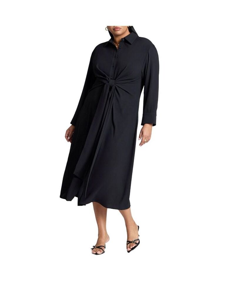 エロクイ レディース トップス ワンピース シャツワンピース プラスサイズ シャツ ELOQUII Plus Size Tie Front Oversized Shirt Dress Black onyx ブラック