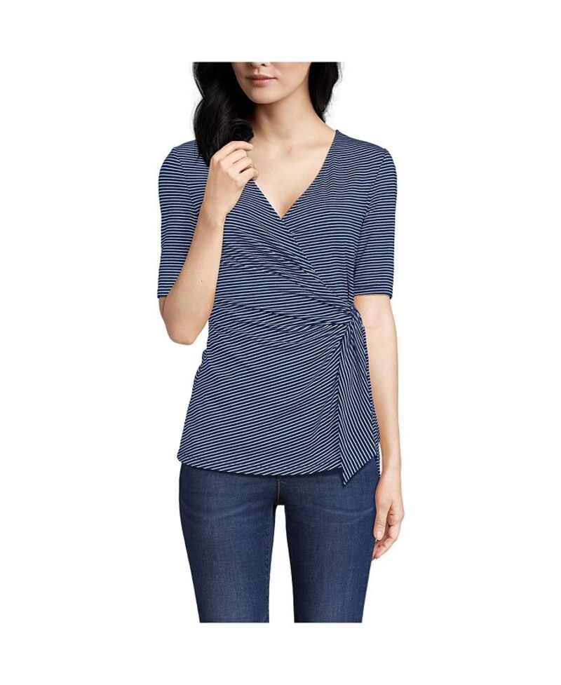 ランズエンド レディース トップス シャツ プチ ブラウス ジャージー Lands' End Petite Elbow Sleeve Lightweight Jersey Side Tie Blouse Deep sea navy tiny stripe ネイビー｜ReVida 店