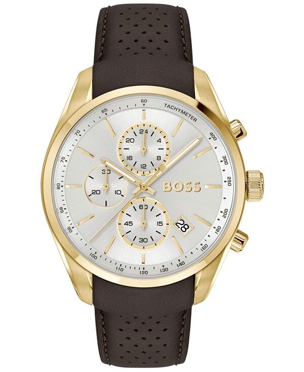ヒューゴボス メンズ アクセサリー 腕時計 レザー Hugo Boss Men's Grand Prix 44 Quartz Chronograph Brown Leather Watch 44.50mm Brown ブラウン