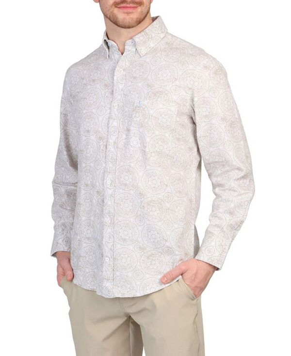 テーラーバード メンズ トップス シャツ プリント リネン Tailorbyrd Men's Batik Printed Linen Blend Long Sleeve Shirt Dove white ホワイト｜ReVida 店 10,205円