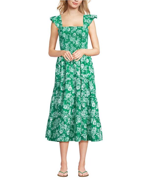 ランズ挙げ句の果て レディース トップス 衣装 フラウンス シャーリング 綿織物 Lands\u0027 End Women\u0027s Cotton Dobby Smocked Dress with Ruffle Straps Vibrant clover romantic floral ワンピース-レディースファッション